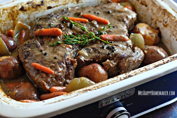 Are you looking for an absolutely delicious pot roast that requires almost no effort at all? Look no further because you’ve found it! My Crockpot Pot Roast is the BEST EVER, only requires 5 ingredients, & is as simple as throwing the ingredients in your slow cooker and turning it on. Perfection! | MrsHappyHomemaker.com @mrshappyhomemaker