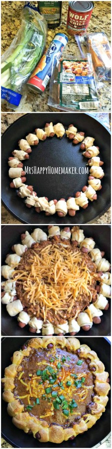 Chili Cheese Pig in the Blanket Dip - one of the best things since sliced bread! Think of an edible wreath constructed of pigs in the blanket but filled with a cheesy chili dip. It's SO good, and super easy too. | MrsHappyHomemaker.com @thathousewife