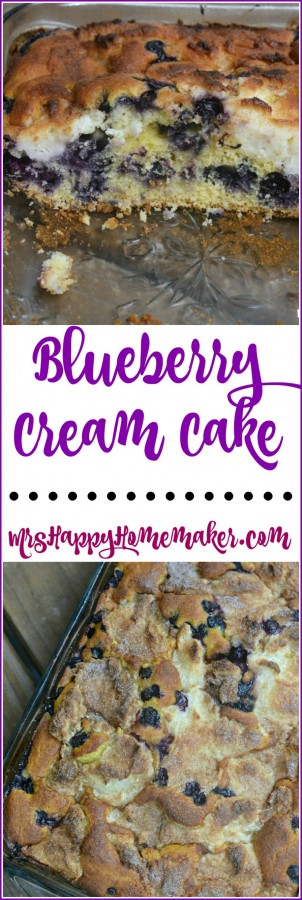 Blueberry Cream Cake - fresh blueberries, dollops of warm cream, light vanilla cake.... in other words, straight out perfection! Bonus points - the recipe is EASY! | MrsHappyHomemaker.com @thathousewife