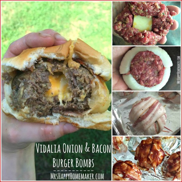 Vidalia Onion and Bacon Burger Bombs - burgers stuffed with cheese and then stuffed into a Vidalia onion, then wrapped in bacon and baked