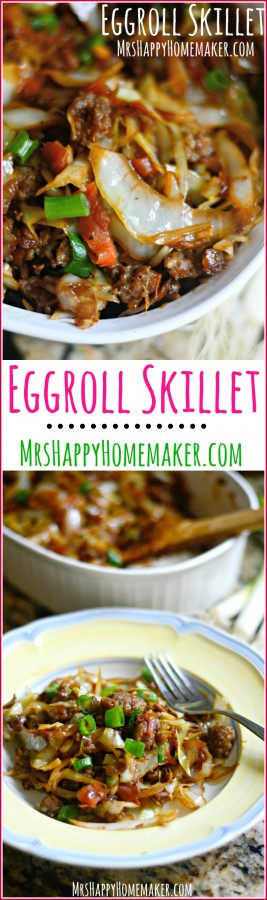Love Egg Rolls? Well, I’ve got a dish for you! All the egg roll flavors you love all cooked up into one yummy one dish meal! Egg Roll Skillet, y’all! | MrsHappyHomemaker.com @thathousewife