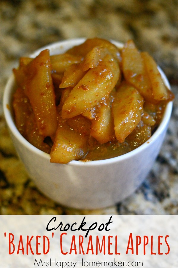 These Crockpot Caramel Baked Apples are absolutely delicious - and you only need 4 ingredients to make them! | MrsHappyHomemaker.com
