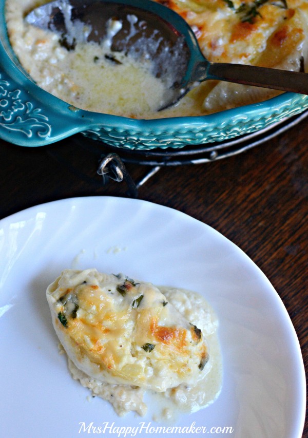 The cheesiest of cheesy pastas... these jumbo shells are stuffed with cheese, covered with my 'Better than Olive Garden' Alfredo sauce, & baked off into one of the best things ever. Cheese Lover's Stuffed Shells for the win! | MrsHappyHomemaker.com @thathousewife