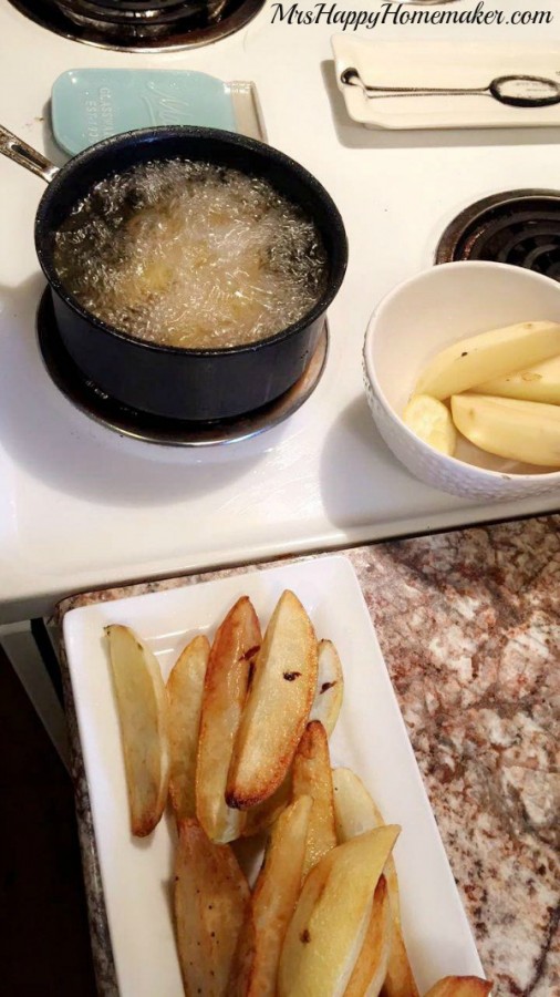 Greek Restaurant Style Lemon Garlic Chicken - frying potatoes for the dish 