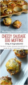Cheesy Sausage Egg Muffins - Only 4 Ingredients! Perfect grab & go breakfast....just reheat for 30 seconds in the microwave. Freezable too! | MrsHappyHomemaker.com