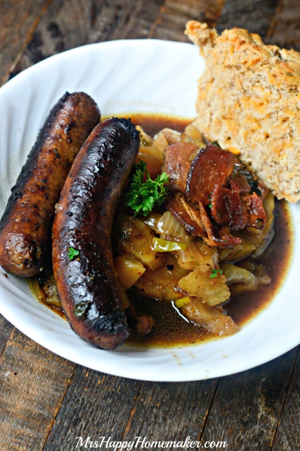 Dublin Coddle - an Irish classic with sausages, bacon, potatoes, & onion.