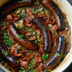 Dublin Coddle - an Irish classic with sausages, bacon, potatoes, & onion. You can use bratwurst if you like too. SO good!! Perfect for St. Patrick's Day