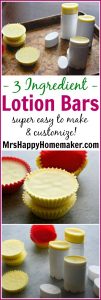 Make your own lotion bars in just 3 ingredients! I love these so much - especially on damp skin after a shower. Amazing! | MrsHappyHomemaker.com @mrshappyhomemaker