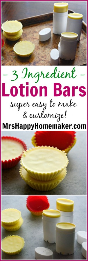 3 Ingredient Lotion Bars - easy to make & customize! | MrsHappyHomemaker.com @mrshappyhomemaker