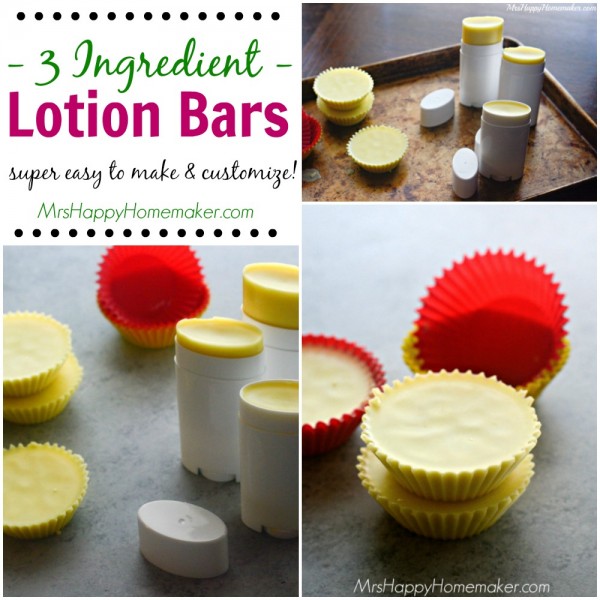 Make your own lotion bars in just 3 ingredients! I love these so much - especially on damp skin after a shower. Amazing! | MrsHappyHomemaker.com @thathousewife