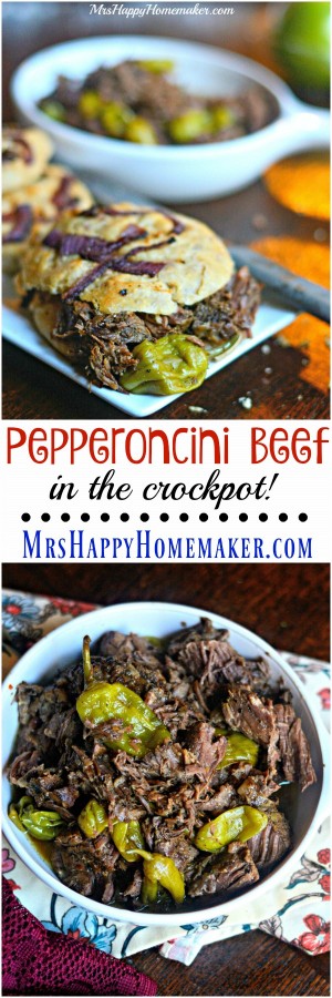 Pepperoncini Beef in the Crockpot - Only 4 ingredients & it's SO good!! | MrsHappyHomemaker.com @mrshappyhomemaker