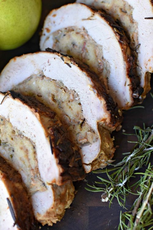 Pork loin butterflied & then rolled with a sourdough stuffing complete with fresh pears, crispy bacon, & savory garlic & onion - Stuffed Pork Roast with Pears, Bacon, & Onions