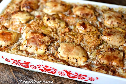 This Baked Chicken with Rice recipe came from an old church cookbook of my grandmother’s. It’s so simple & delicious – I think you’ll like it as much as we do! Just add a veggie & you have a whole meal! | MrsHappyHomemaker.com @mrshappyhomemaker