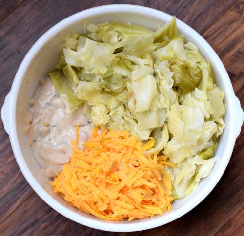 cabbage, cheese, cream of mushroom soup in a bowl
