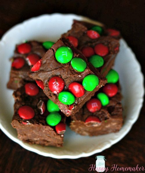 Easy M & M Fudge stacked up