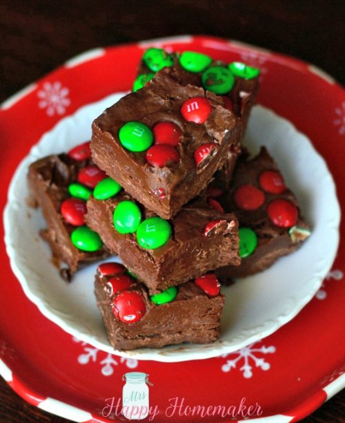 Easy M & M Fudge stacked up