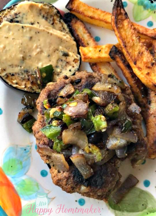 Jalapeno Burger with garlic crusted eggplant bun and sweet potato fries