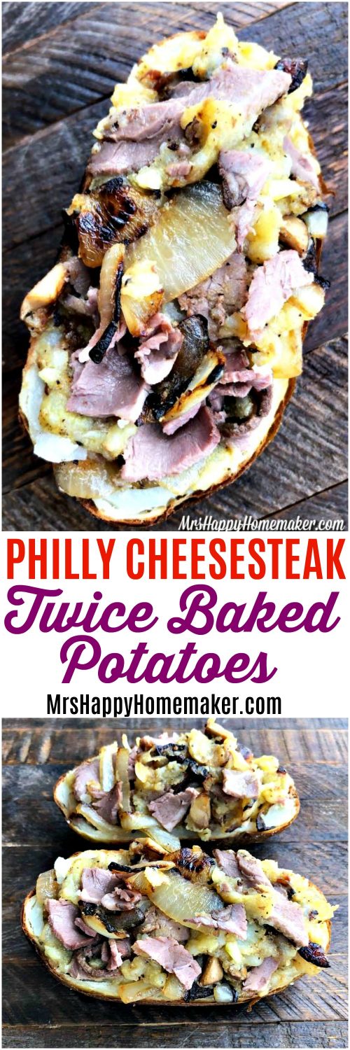 Philly Cheesesteak Twice Baked Potatoes - perfect for game day or Super Bowl parties! (with an option to make them dairy free & Whole30 friendly!} | MrsHappyHomemaker.com @mrshappyhomemaker