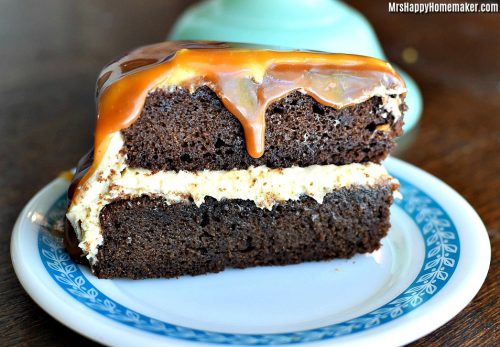 Salted Caramel Chocolate Fudge Cake | MrsHappyHomemaker.com @mrshappyhomemaker