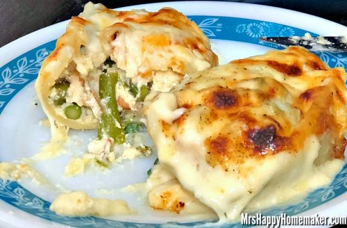 Chicken Asparagus Stuffed Shells Alfredo | Chicken & Asparagus mixed with a ricotta & mozzarella - stuffed in jumbo shells & baked with a simple homemade Alfredo
