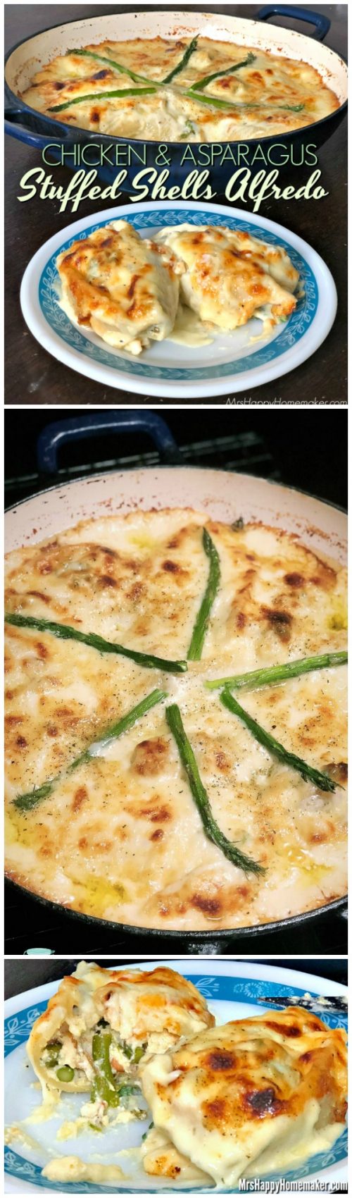 CHICKEN & ASPARAGUS STUFFED SHELLS ALFREDO - Chicken & asparagus mixed with ricotta & mozzarella – stuffed in jumbo shells & baked with a super simple homemade Alfredo til perfection. ADDICTIVE!! | MrsHappyHomemaker.com @mrshappyhomemaker