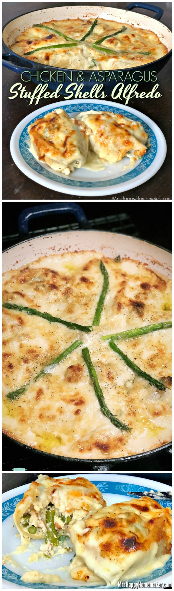 Chicken Asparagus Stuffed Shells Alfredo | Chicken & Asparagus mixed with a ricotta & mozzarella - stuffed in jumbo shells & baked with a simple homemade Alfredo