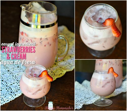 easy 4 ingredient Strawberries & Cream Agua de Fresa | MrsHappyHomemaker.com @mrshappyhomemaker