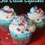 PATRIOTIC ICE CREAM CUPCAKES - layers of red velvet cake, blue vanilla ice cream, & marshmallow whipped cream make up this deliciously easy red, white & blue treat. | MrsHappyHomemaker.com @mrshappyhomemaker