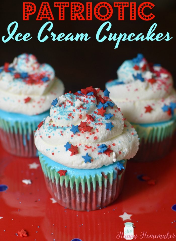 These Patriotic Ice Cream Cupcakes have layers of red velvet cake, ice cream, & marshmallow whipped topping that make up their red, white & blue. They are deliciously easy and perfect for 4th of July and Memorial Day! | MrsHappyHomemaker.com @thathousewife