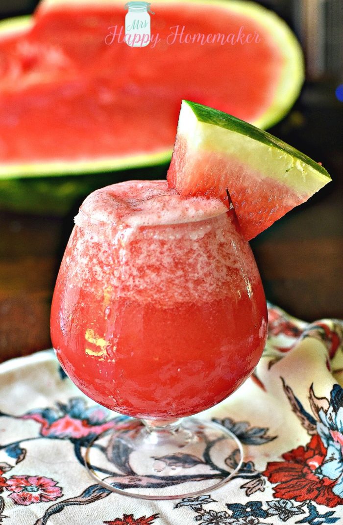 3 Ingredient Watermelon Lemonade Slush with watermelon garnish | MrsHappyHomemaker.com @mrshappyhomemaker