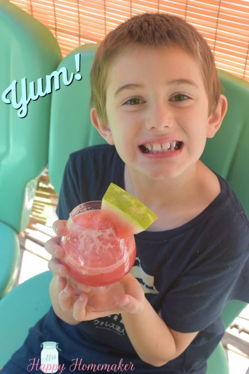 Ethan drinking a 3 Ingredient Watermelon Lemonade Slush | MrsHappyHomemaker.com @mrshappyhomemaker