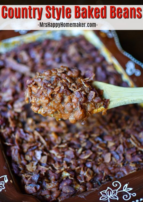 These Country Style Baked Beans have a mix of different beans & are the perfect blend of sweet, savory, & salty. This is my FAVORITE recipe for baked beans! | MrsHappyHomemaker.com @mrshappyhomemaker
