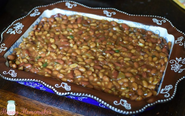 Country Style Baked Beans in a casserole dish 