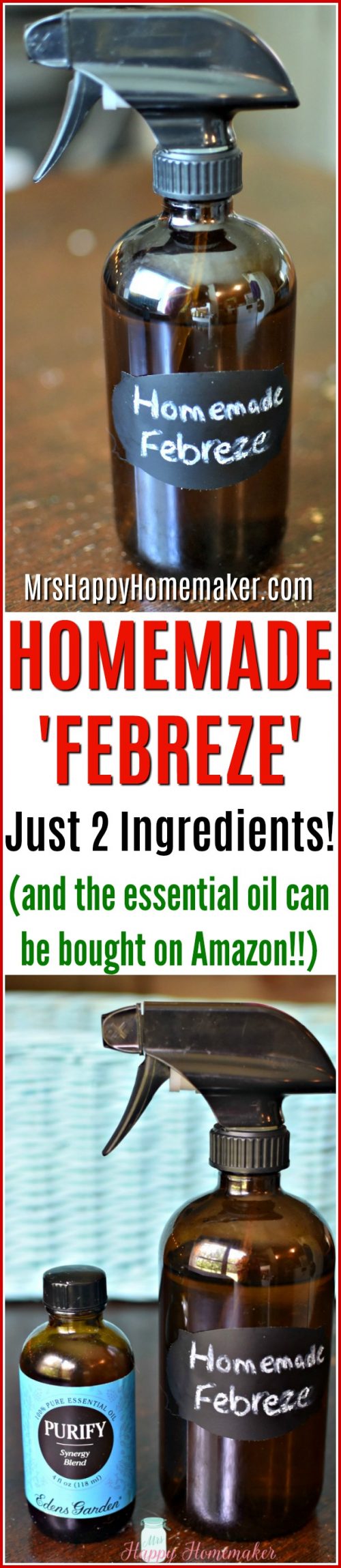 Homemade Febreze with only 2 ingredients! It smells so good & will refresh your whole house. Use as fabric refresher, air freshener, or household cleaner! | MrsHappyHomemaker.com @mrshappyhomemaker
