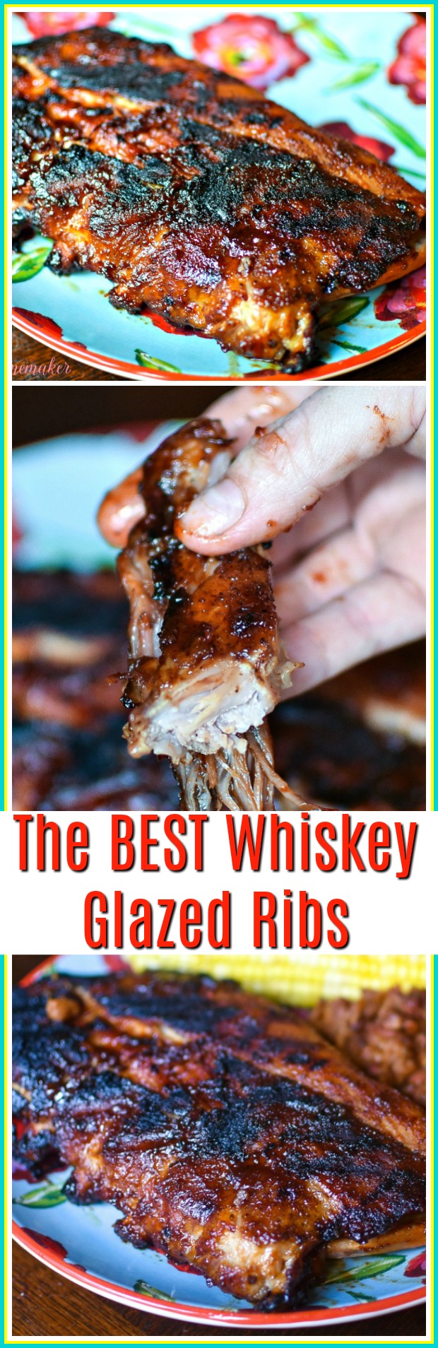 The BEST Whiskey Glazed Ribs on a plate with baked beans and corn on the cob | MrsHappyHomemaker.com