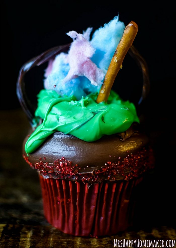 cauldron cupcakes with licorice handle and cotton candy flames