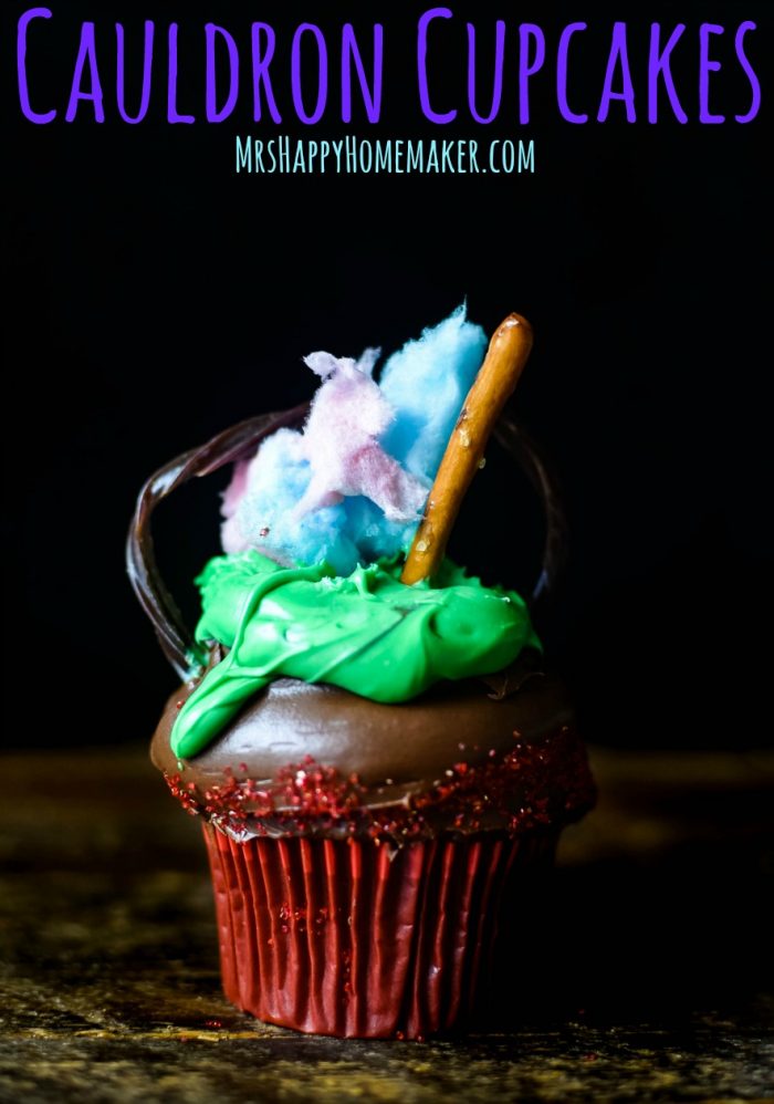 cauldron cupcakes with licorice handle and cotton candy flames