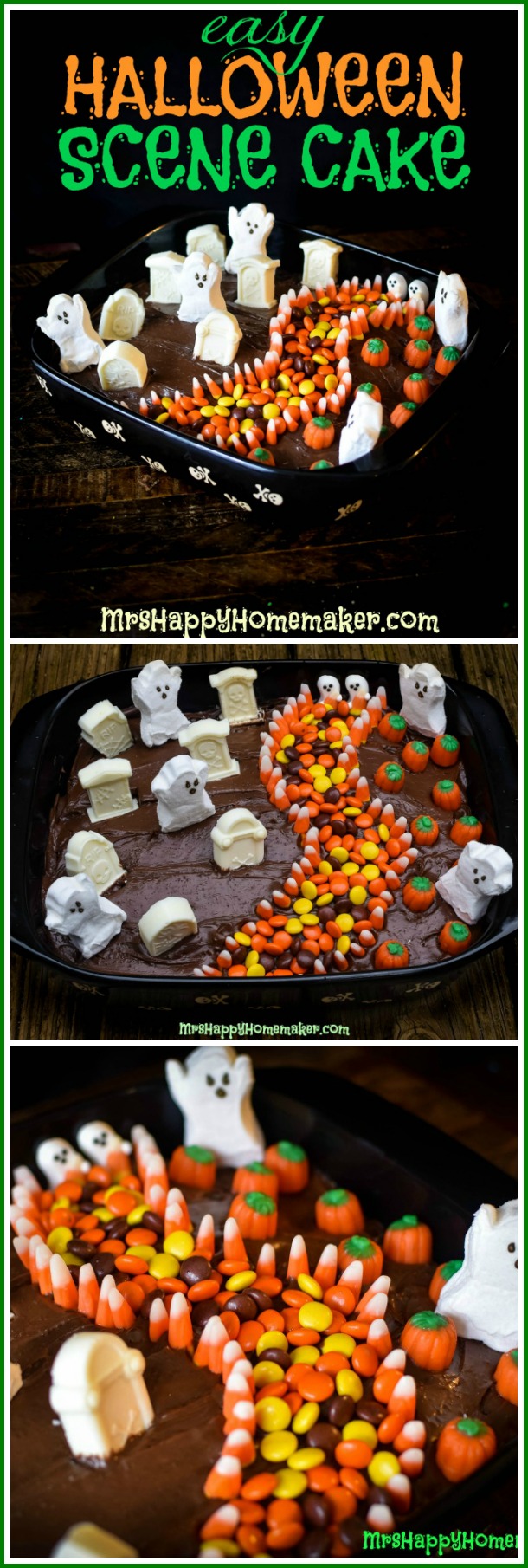 Halloween scene cake with candy ghosts, graves, pumpkins and a sidewalk 