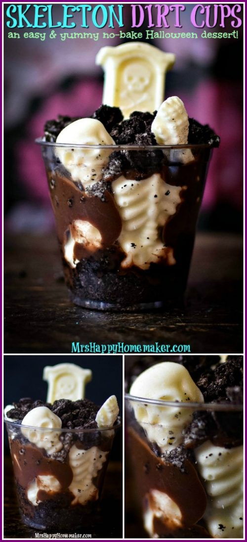 Skeleton in the Grave Dirt Cups with chocolate pudding and cake and white chocolate skeleton and graves | MrsHappyHomemaker.com @mrshappyhomemaker
