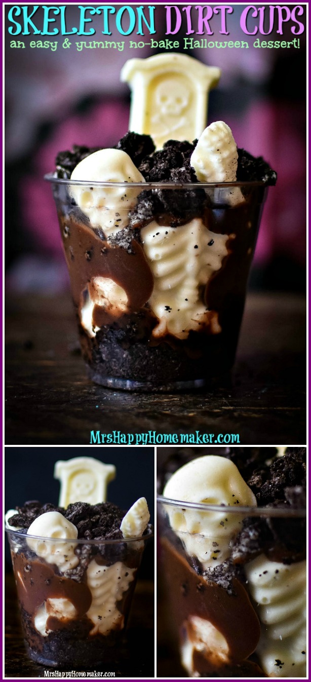 Skeleton in the Grave Dirt Cups with chocolate pudding and cake and white chocolate skeleton and graves | MrsHappyHomemaker.com @mrshappyhomemaker