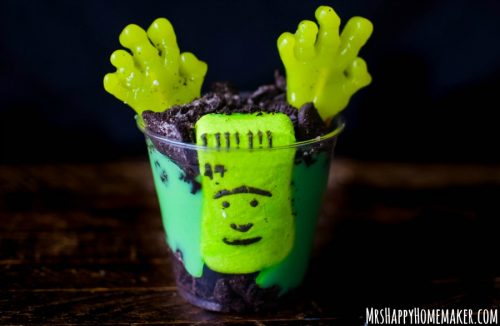 Zombie Pudding Cups with candy hands