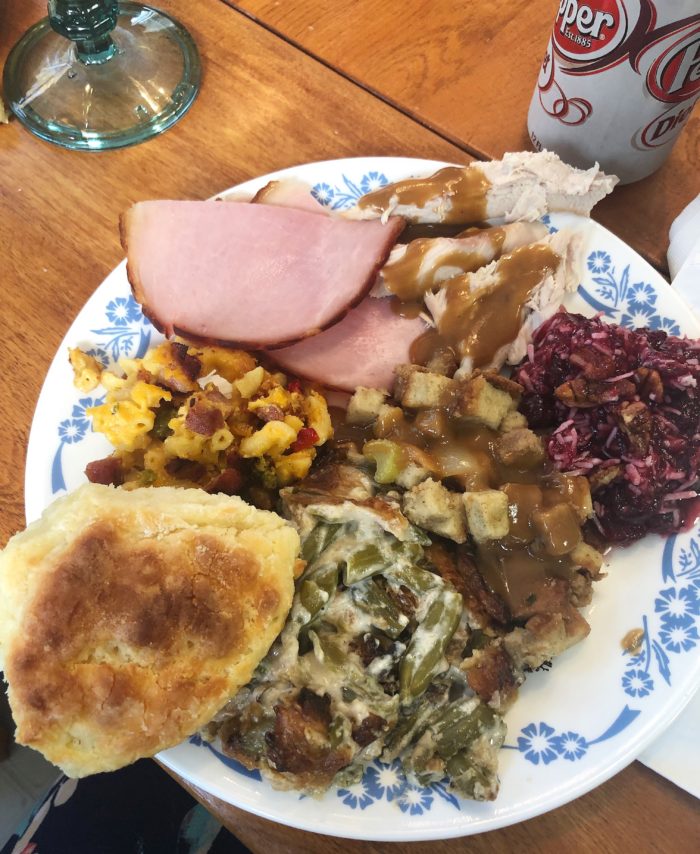 thanksgiving dinner - ham, turkey and gravy, biscuit, green bean casserole, macaroni and cheese, cranberry salad and stuffing