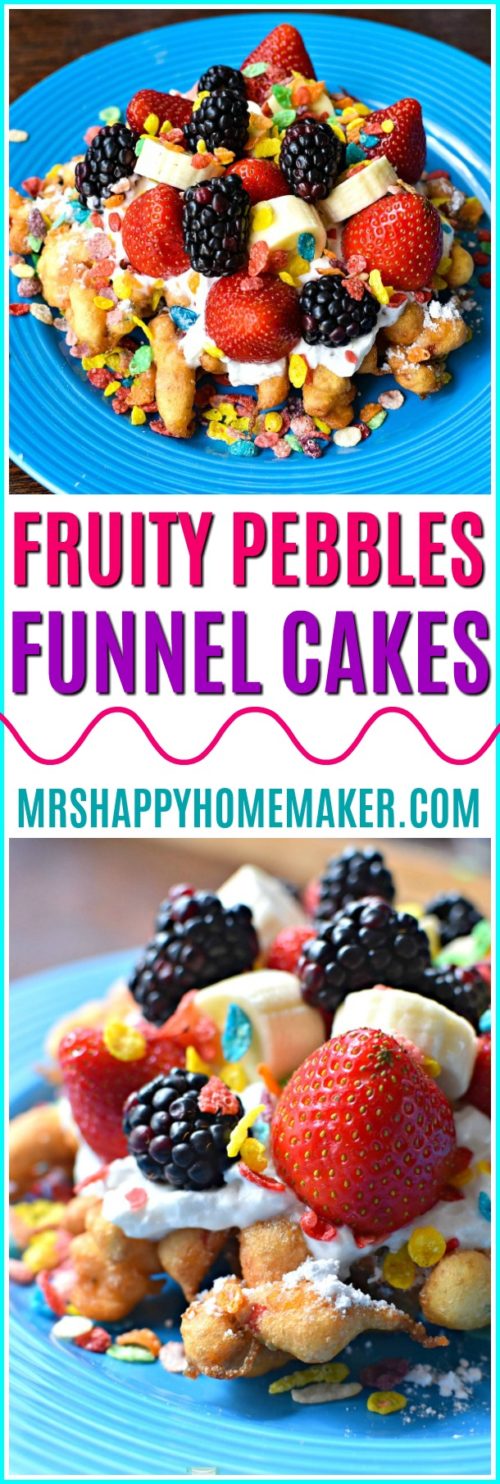 Fruity Pebbles Funnel Cakes | MrsHappyHomemaker.com @MrsHappyHomemaker