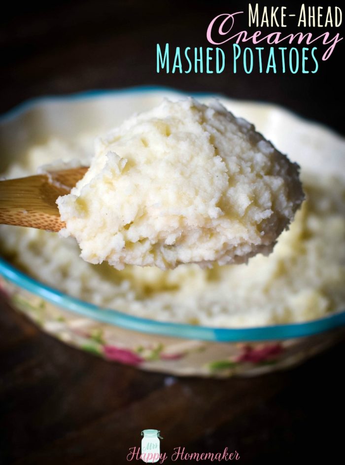 Make Ahead Creamy Mashed Potatoes in a pretty light blue rimmed floral dish