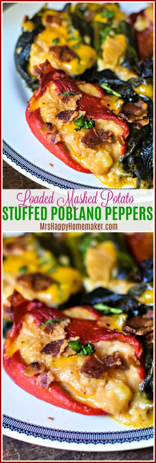 Loaded Mashed Potato Stuffed Poblano Peppers | MrsHappyHomemaker.com