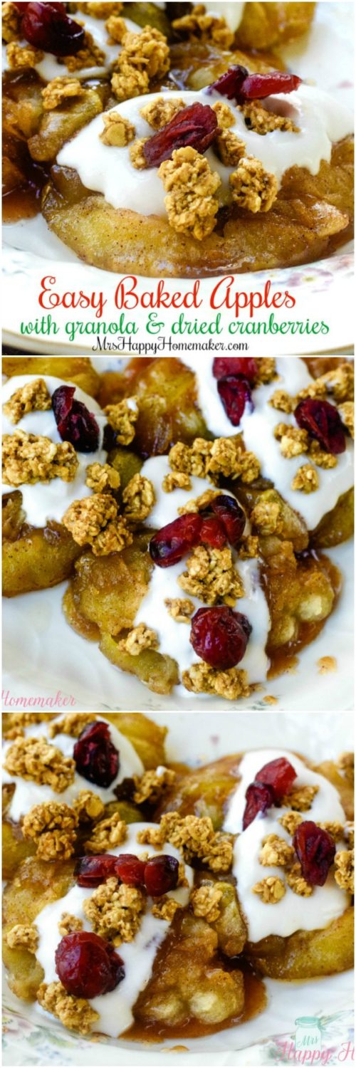 Easy Baked Apples with Vanilla Yogurt, Granola, & Dried Cranberries - one of our favorite breakfasts but also really good as a dessert. | MrsHappyHomemaker.com @mrshappyhomemaker #bakedapples #breakfast #brunch #dessert #apple #apples