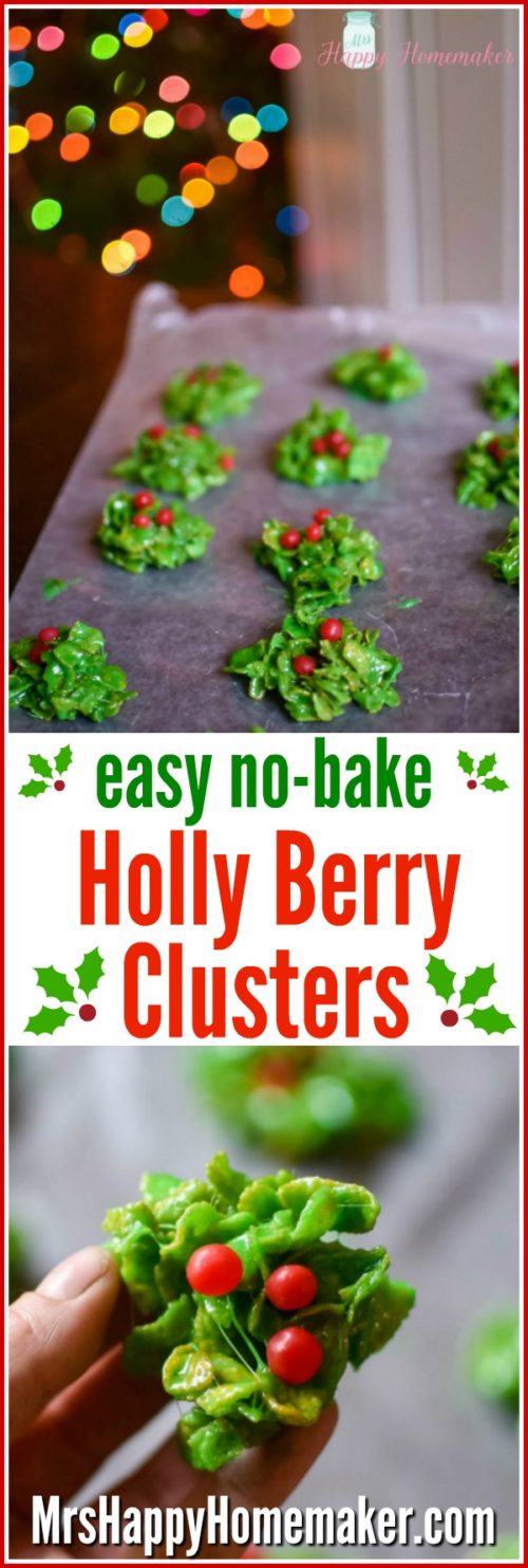 Looking for an easy Christmas cookie to make? These Holly Berry Clusters are no-bake, only 5 ingredients, & so easy that even the littlest of kids can help make them! 