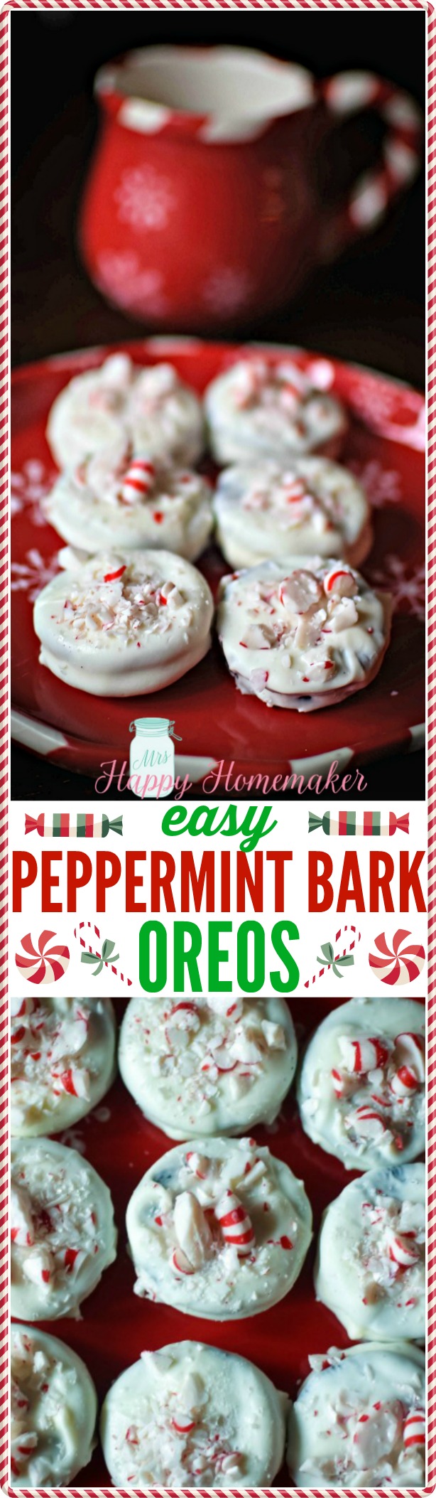 These Peppermint Bark Oreos are so easy - just dip, sprinkle, and done! | MrsHappyHomemaker.com @thathousewife 