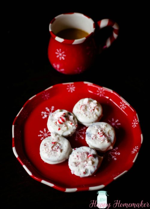 Easy Peppermint Bark Oreos with a cup of coffee