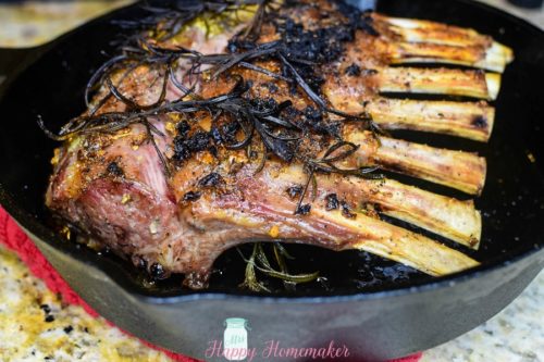 Easy Roasted Rack of Lamb in a cast iron skillet